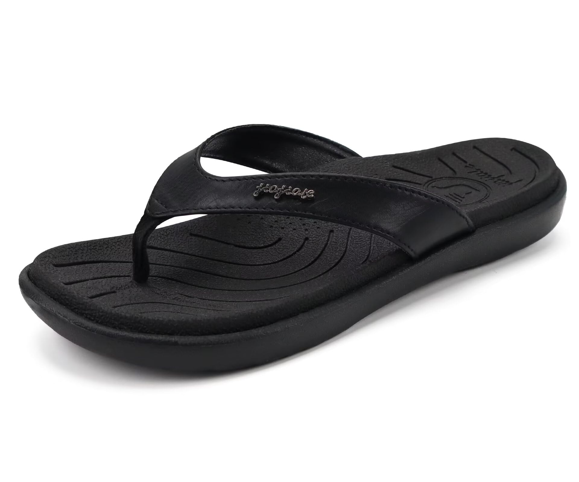 jiajiale Flip Flops Damen Mode Orthopädische Leder Stoff Leicht Zehentrenner Frauen Bequeme Yoga Fußbett Badelatschen Sommer Strand Rutschfest Feste Gummi Sohle Schwarz EU39 8