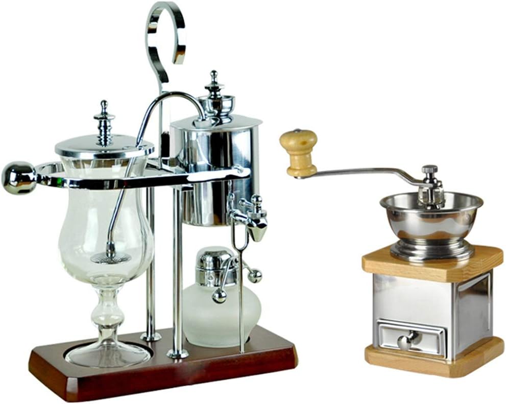 Rcircle Belgian Espresso Pot Set Belgium Luxury Royal Family Balance Syphon Siphon Coffee Maker Stainless Steel Coffee Kettle with Manual Coffee Grinder Silver for Cafe Office Home 400CC (Color : C)