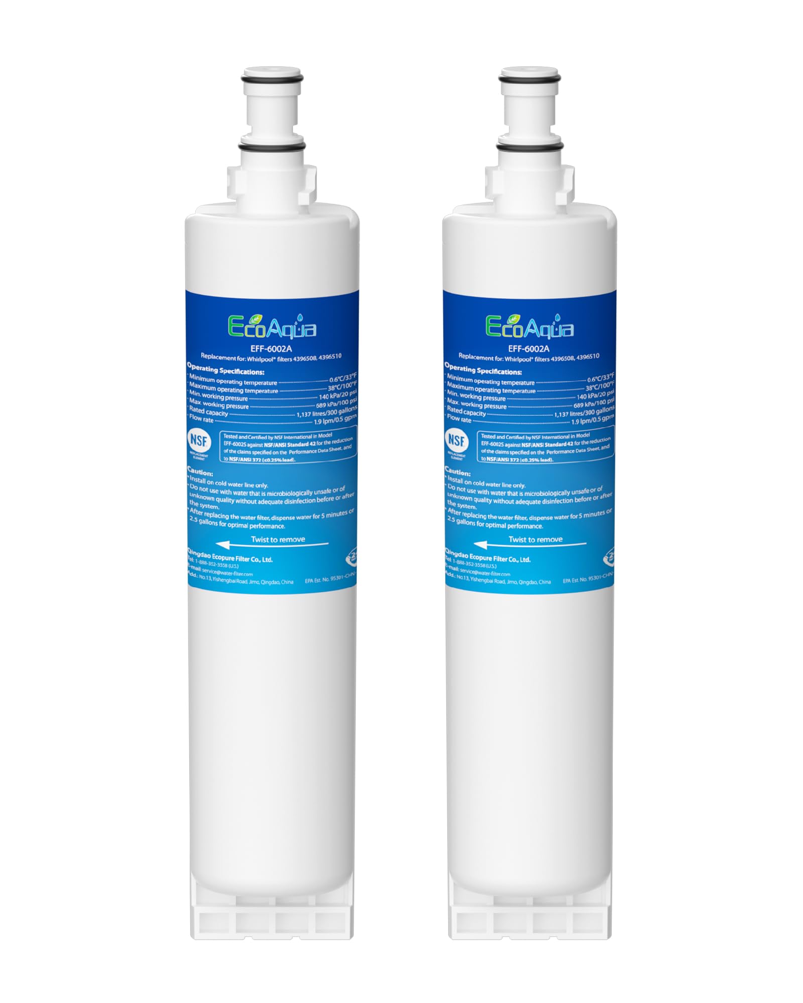 EcoAqua EFF-6002A Fridge Water Refrigerator Filter Compatible with Whirlpool 4396508, SBS002; Hotpoint 46195027119, 481248088024, MSZ7 / MSZ8 Series, 4392857, 4392922, MSZ822DFHA, MSZ902DFHA, MSZ926DFHA (2)