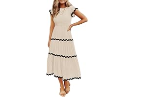 ZESICA Women's Summer Flutter Short Sleeve Smocked Midi Dress Casual High Waist Rickrack Tiered Flowy Dresses