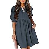 Dokotoo Womens Summer Crewneck Puff Sleeve Babydoll Elegant Empire Waist Mini Swing Skater Dresses with Pockets