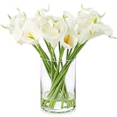 ENOVA HOME 20 Pieces Artificial Real Touch Lilies Flower Arrangement in Glass Vase with Faux Water for Home Decoration (White)