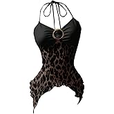 Milumia Women's Y2k Leopard Print Mesh Halter Top Y2K Ring Asymmetrical Party Club Cami Tops
