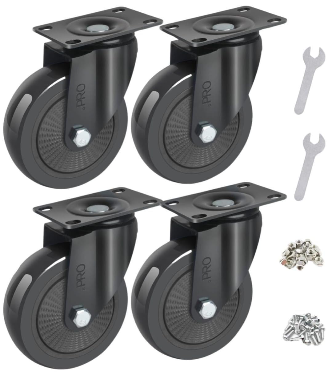 .PRO Heavy Duty 600kg 100mm Swivel Trolley Caster Wheels (Black) - Industrial Strength Furniture Moving Casters with Screws, Bolts, Locking, Non-Marking (All Wheels Without Brakes)