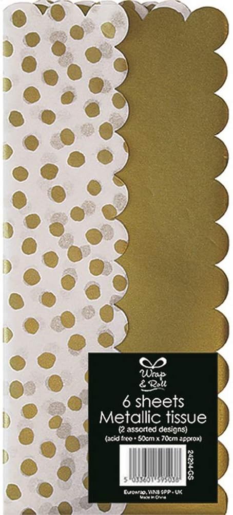 6 Sheets Decorative Tissue Paper Wrap 50x70cm ~ Acid Free (Dotty Gold Metallic)
