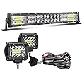 KEENAXIS 22 inch 120W Spot Flood Combo LED Light Bar 2Pcs 4 inch 60W LED Pod Lights Fog Lights with Wiring Harness Kit for Wrangler Boat Truck Boat