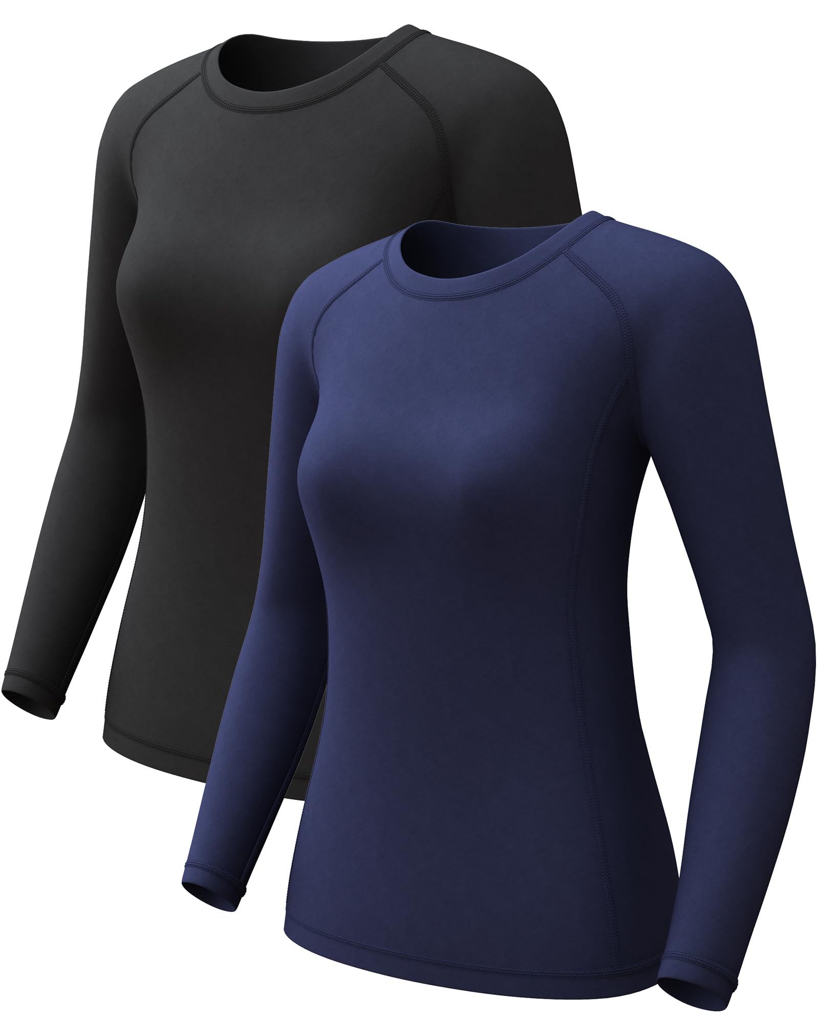Photo 1 of 2 Pack Women's Long Sleeve Compression Shirts, Cool Dry Workout Athletic Tops Sun Protection Cooling Shirts for Yoga Running Hiking Gym BlackBlue X-Small