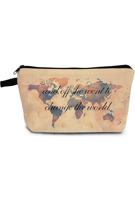 YULUENZE Kosmetiktasche Mit Weltkarte & Aufdruck 'She Went To Change The World' | Reise-Organizer Aus Polyester (22x12x4.5 Cm)