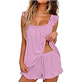 KFUBUO Womens Pajamas Set 2 Piece Ruffle Pj Soft Tank Top and Shorts Sleepwear Set Bridal Pajama for Women Set