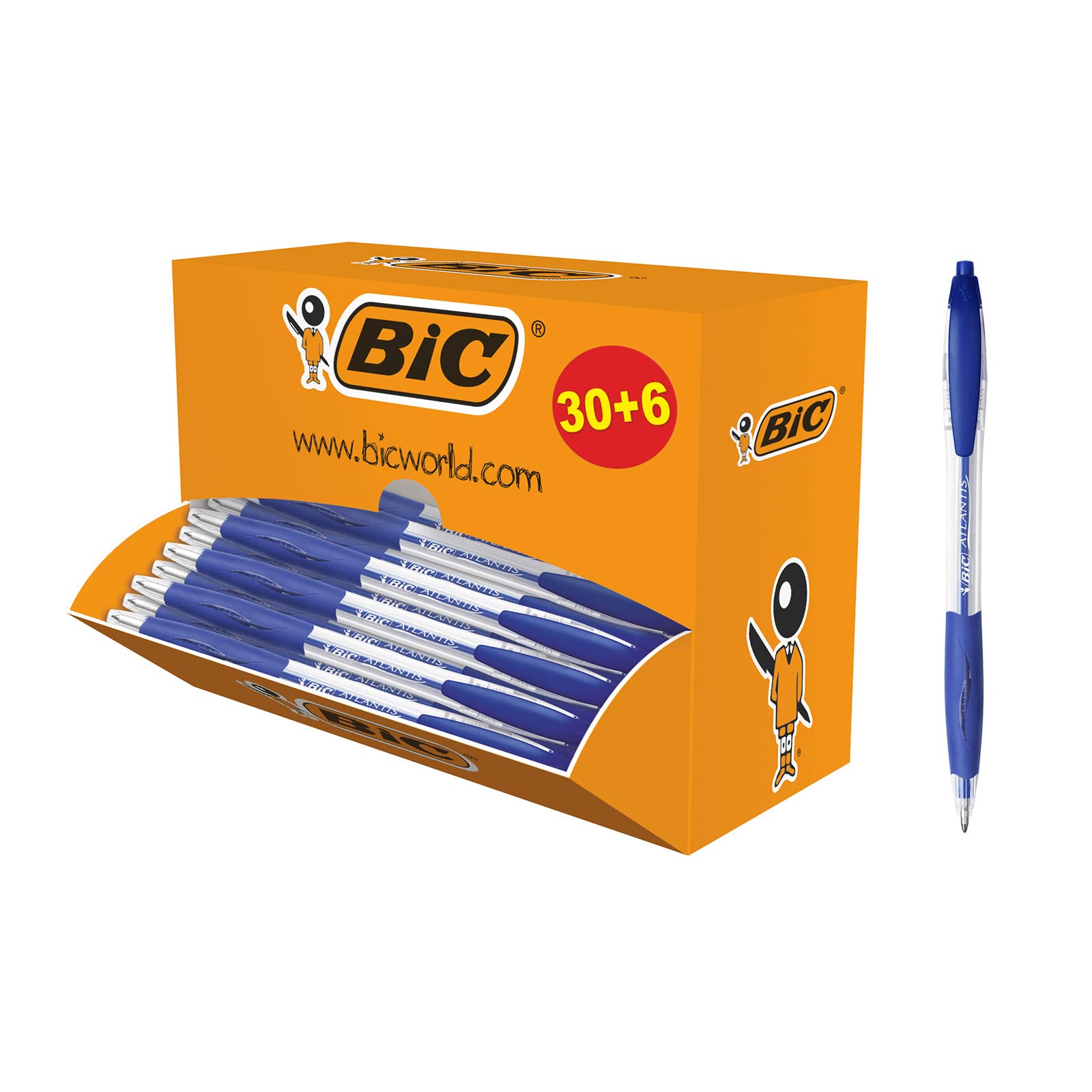 Bic 920286 Atlantis Classic Ballpoint Pen in Blue, Line Width 0.4 mm, Refillable, Pack of 36, Ideal for the Office, Home Office or School