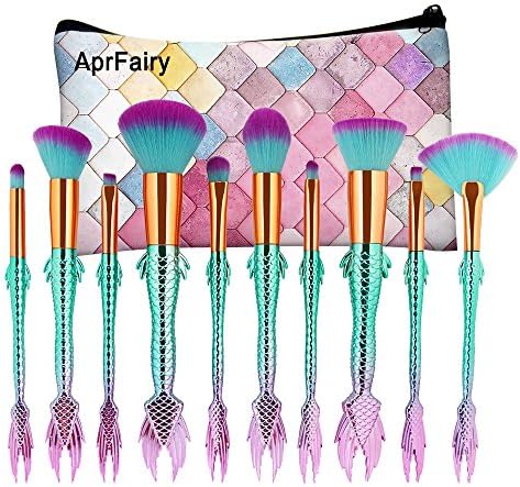 AprFairy 2017 Mermaid Makeup Brushes Set 10pcs with Pink Plaid Makeup Bag Ultra-soft Bristles Face Foundation Beauty Tools Blush Concealer Contouring Make Up Brush Kit - Green Pink Gradient