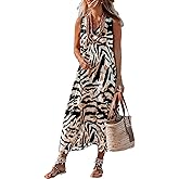 miduo Womens Casual Summer V Neck Sleeveless Floral Printed Beach Split Maxi Dress Sundress