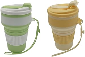 2 Piece Silicone Folding Mugs with Plastic Lids for On-The-Go Travelling, Reusable Portable Mug Set for Camping and Hiking (Y