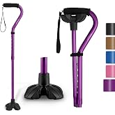 GPTCAMP Walking Cane Quad Base Self Standing 300lbs for Seniors | Folds, 1.1lb, 6 heights 31-36", offset EVA grip, wrist strap, all-terrain quiet base, for women men recovery
