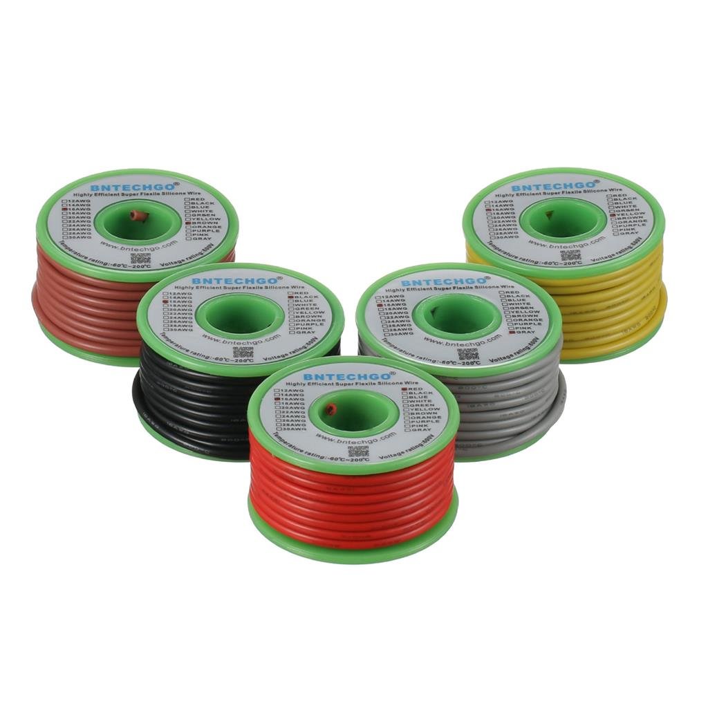 BNTECHGO Ultra Flexible 16 Gauge Silicone Wire Spool 5 Color Red Black Yellow Brown Gray High Resistant 200 deg C 600V Electronic Wire 16 AWG Stranded Wire 252 Strands Tinned Copper Wire Hook Up