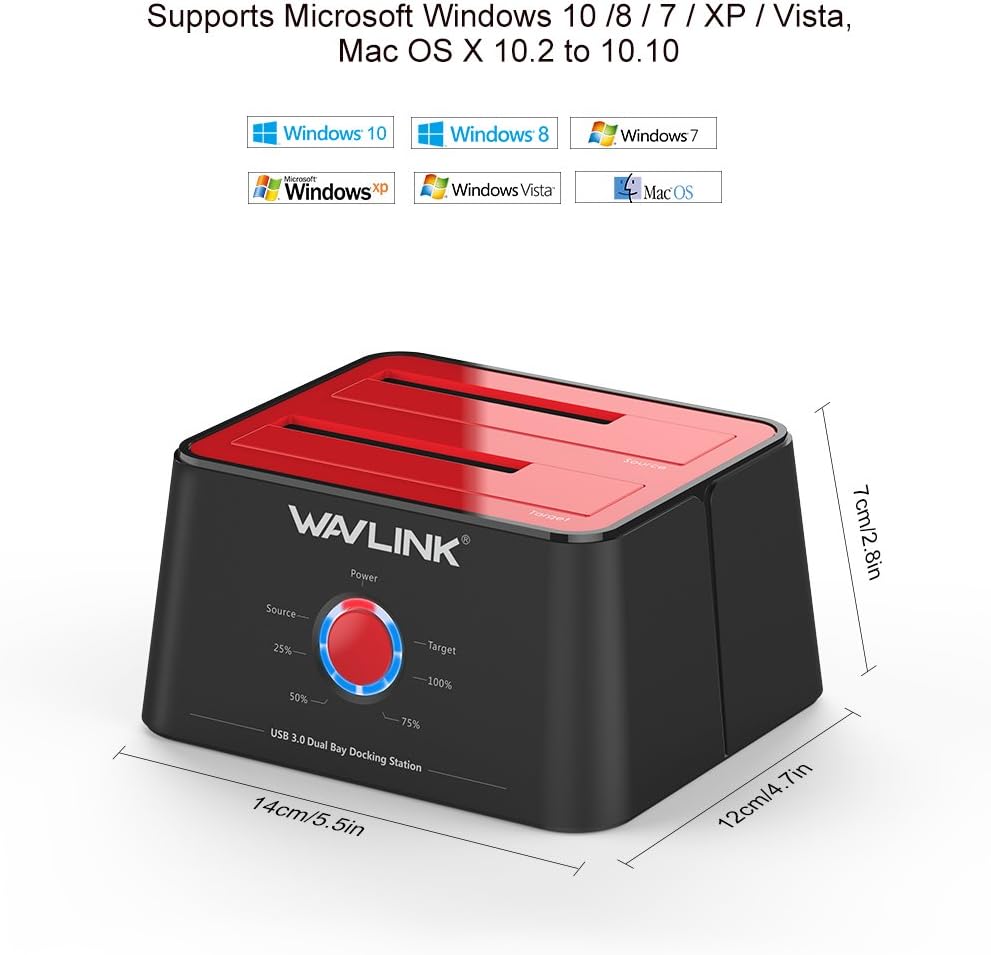 WAVLINK USB 3.0 to SATA I/II/III Dual-Bay External Hard Drive Docking Station for 2.5/3.5 Inch HDD/SSD with UASP(6Gbps) /Offline Clone Duplicator Function (2x16TB) - Image 5