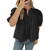 Tankaneo Womens Puff Short Sleeve Button Down Shirts Cotton Pleated Babydoll Blouses Trendy Casual Loose Fit Tops