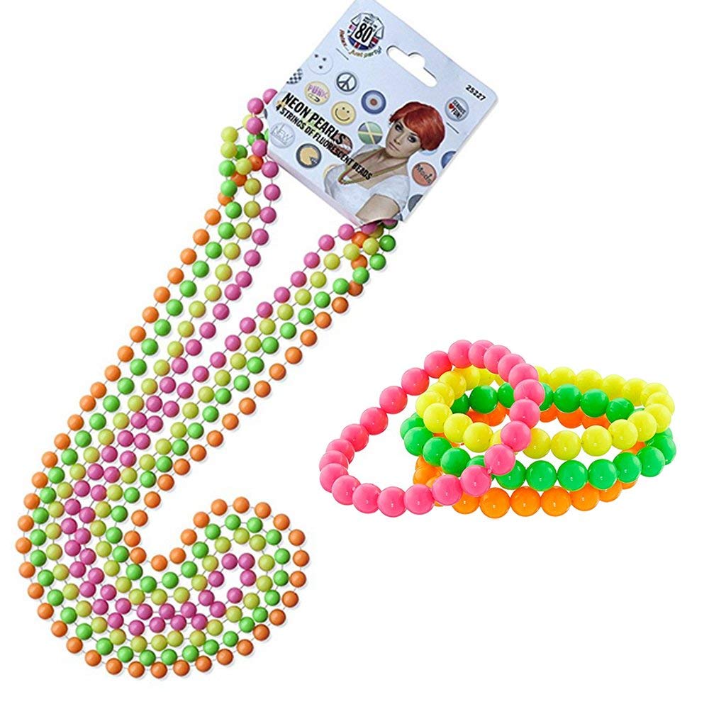 Rmeet Neon Beads Necklaces,1980s Fancy Dress Accessories Set 4 Pack Fluorescent Neon Bracelets+4 Pack Neon Necklace Plastic 70's 80's Rave Bead for Party Costum Dress Up Multicolour