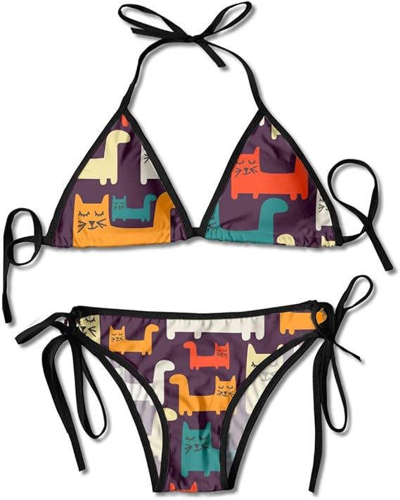 Women's Cat Animal Colorful Painting Bikini Set Lace Up Adjustable Two