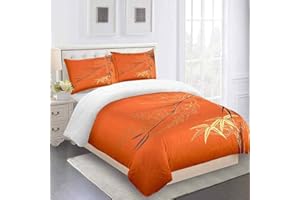 MUCXBE Full Size Bedding Sets Soft Microfiber Orange Bamboo Print Cosy Duvet Cover 80x90inch with Zipper Closure and 2 Pillow