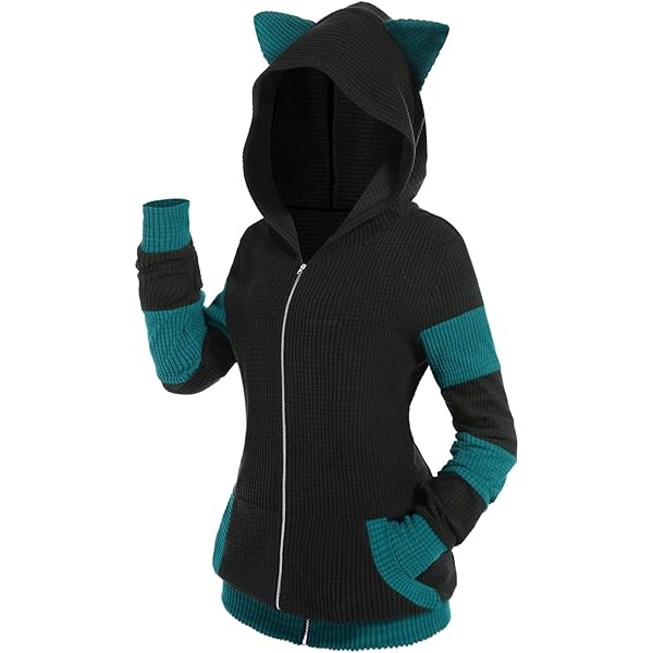 Zip Up Cute Hoodies Cat Ears Drawstring Solid Color Kitten