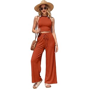 SamLng Ribbed 2 Piece Outfits for Women Sleeveless Crop Top and Wide Leg Pants Sets Loungewear Tracksuit for Casual Vacation