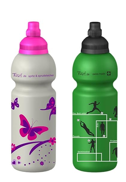 Fizzii 600ml SCHMETTERLING + Fizzii 600ml FUSSBALL, Spar-Set, Kinder Kunststoff Trinkflasche auslaufsicher bei Kohlensäure, s