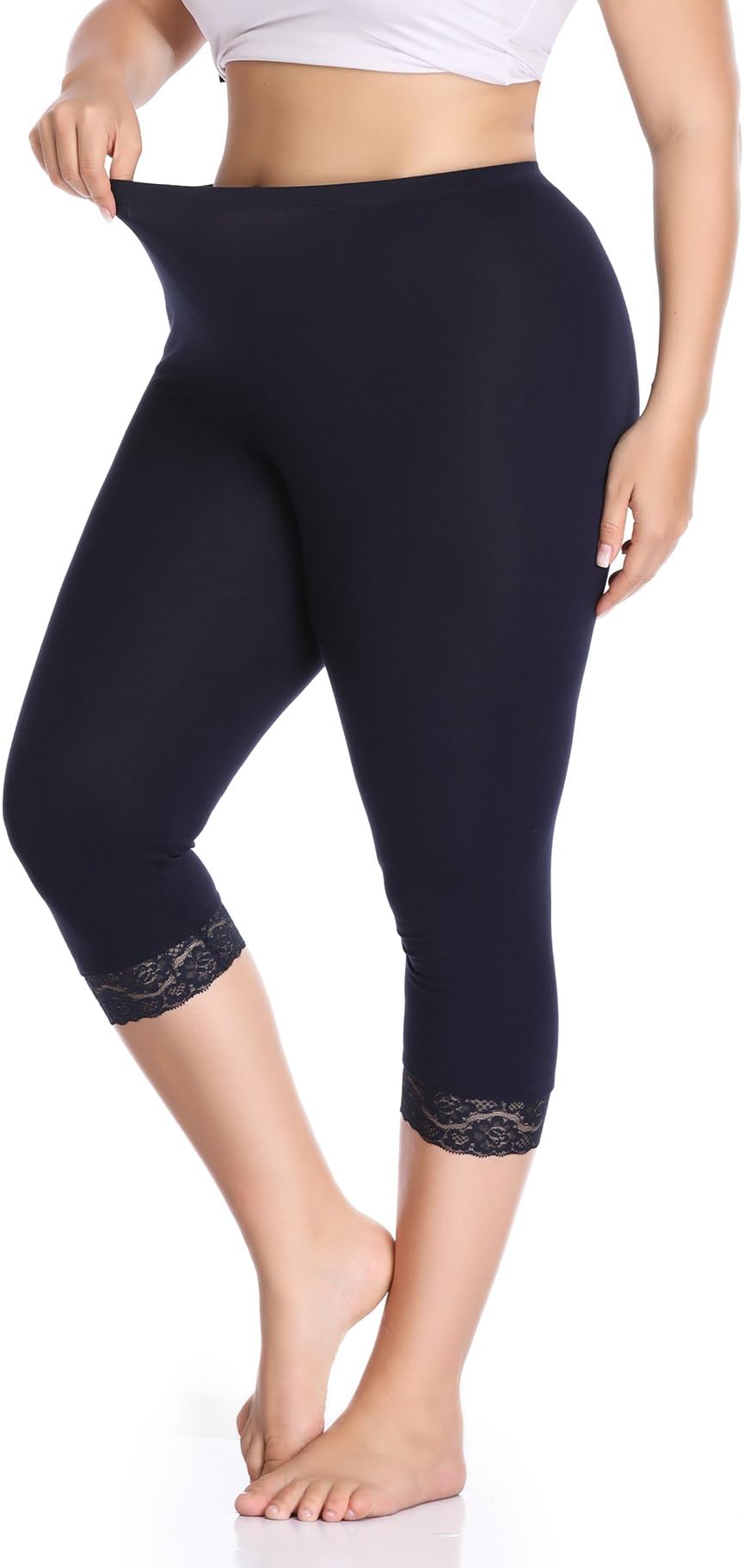 Women's Plus Size Capri Cropped Leggings Stretch Lace Trim Soft Tights Pants