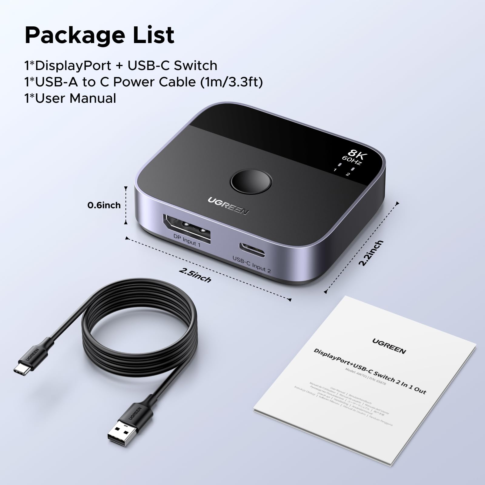 UGREEN DisplayPort USB C Switch 2 In 1 Out DP1.4 Switcher 8K60Hz 4K240Hz 2 PC 1 Monitor Unterstützt des Umschaltens zwischen 1 Desktop-Computer und 1 Laptop Kompatibel mit Windows/Linux/MacOS usw. 8