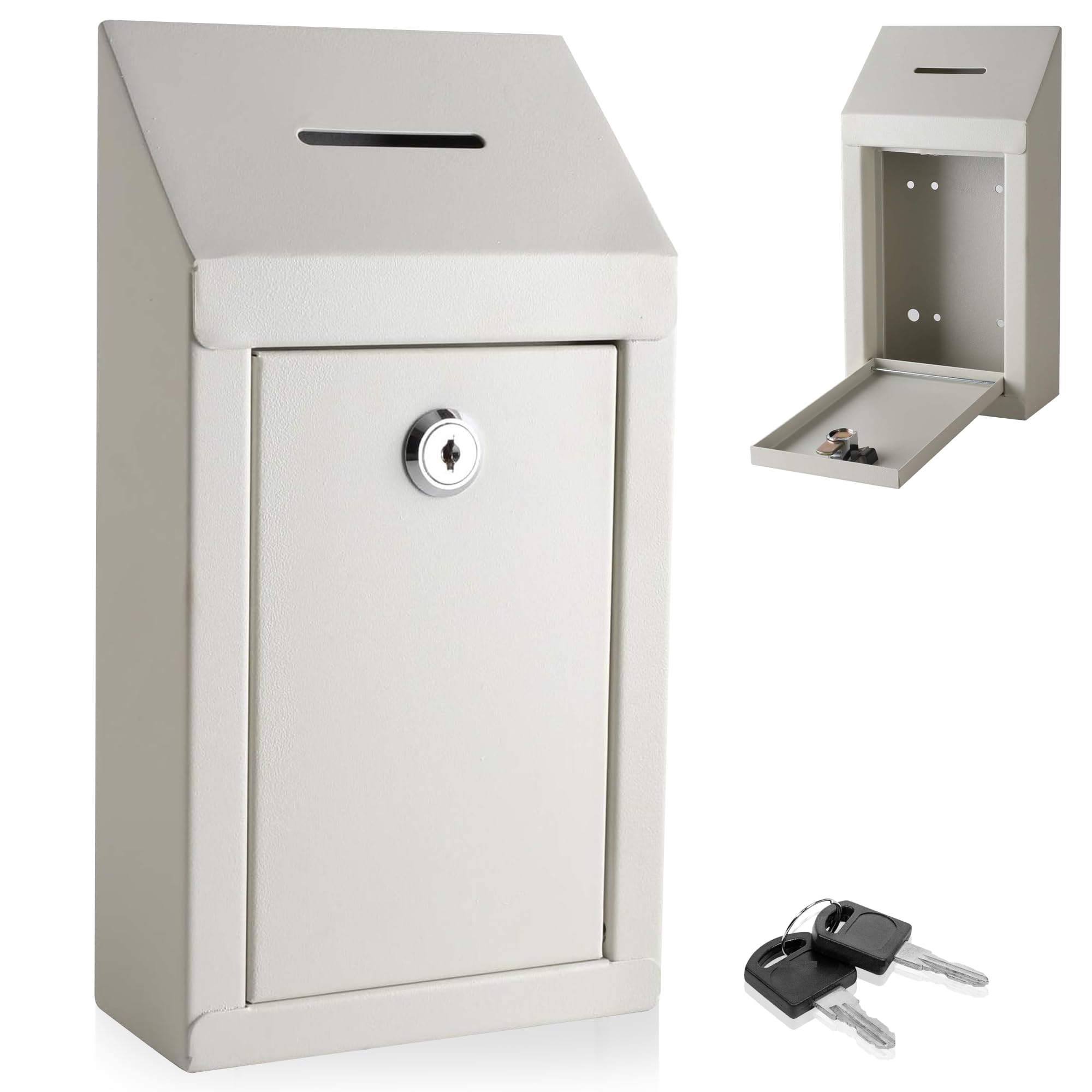 Metal Donation & Collection Office Suggestion Secure Box With Top Coin Slot and Lock - Easy Wall or Counter Mount (Off White) — image 1