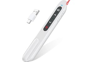 DINOSTRIKE White USB C Presentation Clicker, Volume Control Wireless Presenter, RF 2.4GHz Presentation Remote PowerPoint Clicker Slide Advancer Pointer for Classroom/Office/Mac/PC