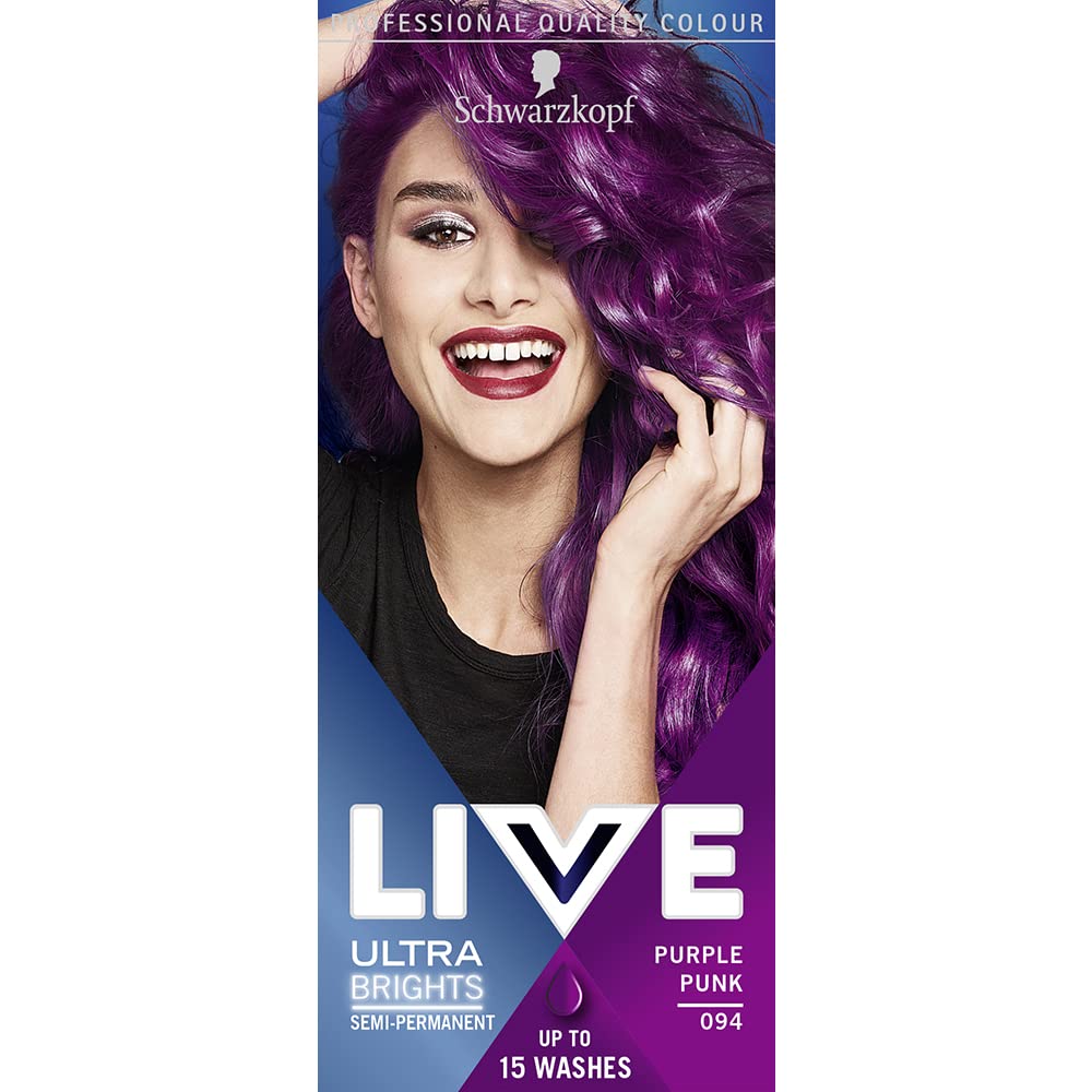 Schwarzkopf LIVE Ultra Brights Or Pastels, Vibrant Semi-permanent Purple Hair Dye, Lasts Up to 15 Washes- Purple Punk 094