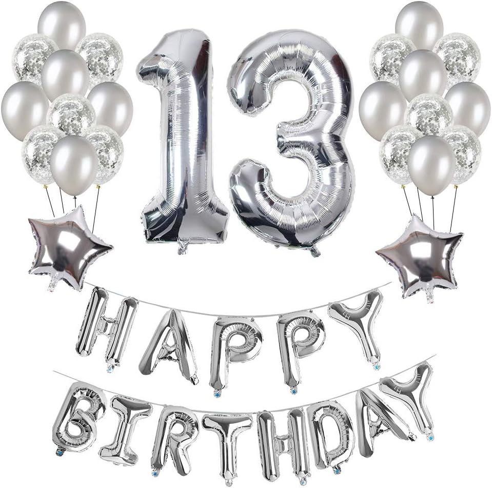 13th Birthday Decorations, Puchod Happy Birthday Decoration Banner Number 13 Foil Balloon Party Decor Set with Confetti Balloons Silver for Boy.