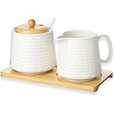 Ceramic Sugar and Creamer Set, Porcelain Coffee Serving Set with Cream Pitcher, Sugar Bowl, Lid &amp; Spoon, 10 Ounce Creamer Container and Sugar Pot (CTNAI231)