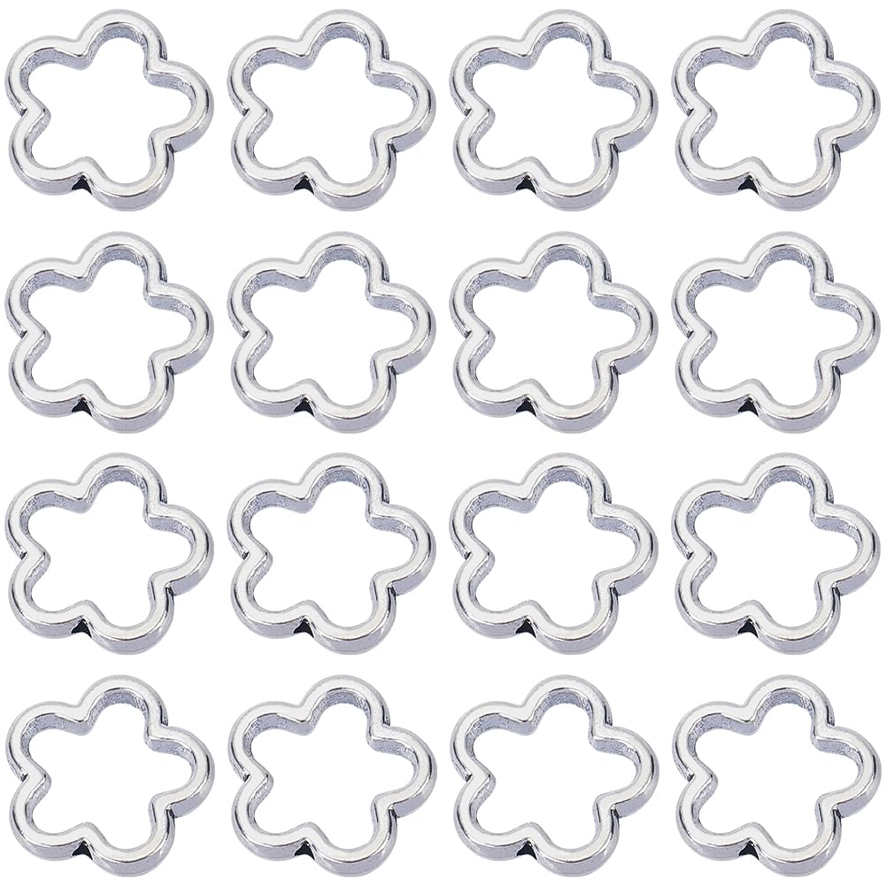 SUNNYCLUE 1 BOX 100PCS 15mm Silver Flower Bead Frames Spacer Beads Metal Alloy Double Hole Hollow Petal Blossom Connector Link Frame Beads for Jewellery Making Beading Accessories Diy Earrings Craft