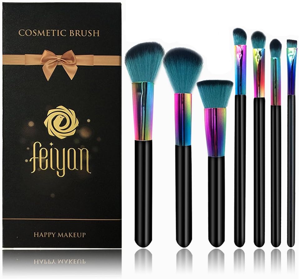 FEIYAN Professional Makeup Brushes Set High Density Bristles Foundation Powder Brushs with Flannel Case Bag and Gift Box (Black Rainbow)