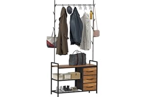 HOMEKOKO Coat Rack Tree Shoe Bench, Hall Tree for Entryway with Drawer Cubby Storage Bench, Wood Look Accent Furniture with Metal Frame, 3-in-1 Design (Rustic Brown)