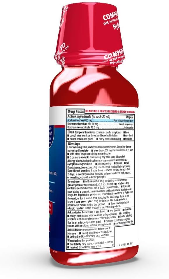 Basic Care Nighttime Cold & Flu Relief, Pain Reliever, Fever Reducer, Cough Suppressant, Antihistamine, Cherry Flavor, 12 Fluid Ounces: Health & Personal Care