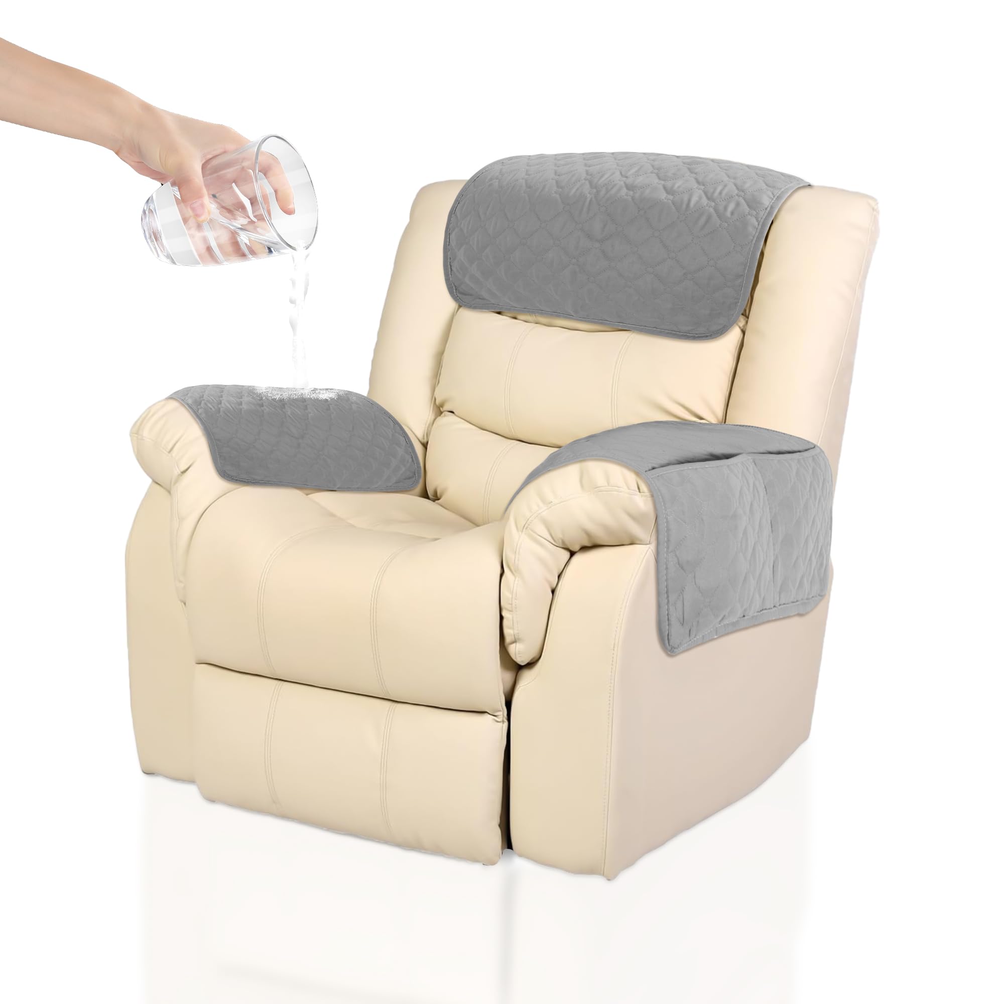 Kaket Armrest Cover, Headrest Cover for Recliner Sofa 3pcs Waterproof Chair Covers, Nonslip Slipcover Furniture Protector Recliner, Chair, Grey, 3pcs, 57*38cm