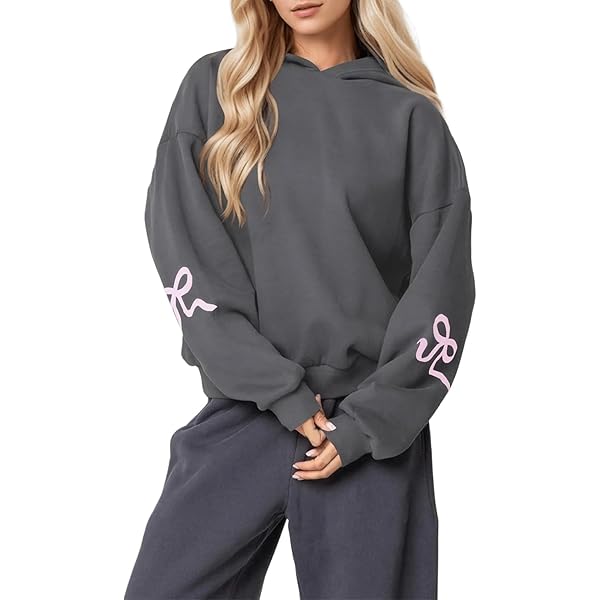 Amazon.com: OLAPTA Women Oversized Bow Trim Print Hoodies