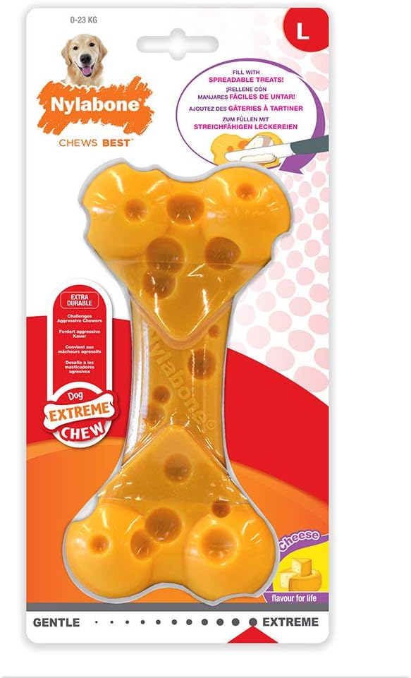 Nylabone Extreme Tough Dog Chew Toy Cheese Bone, Durable, Cleans Teeth, Cheese Flavour, Large, for Dogs Up to 23 kg