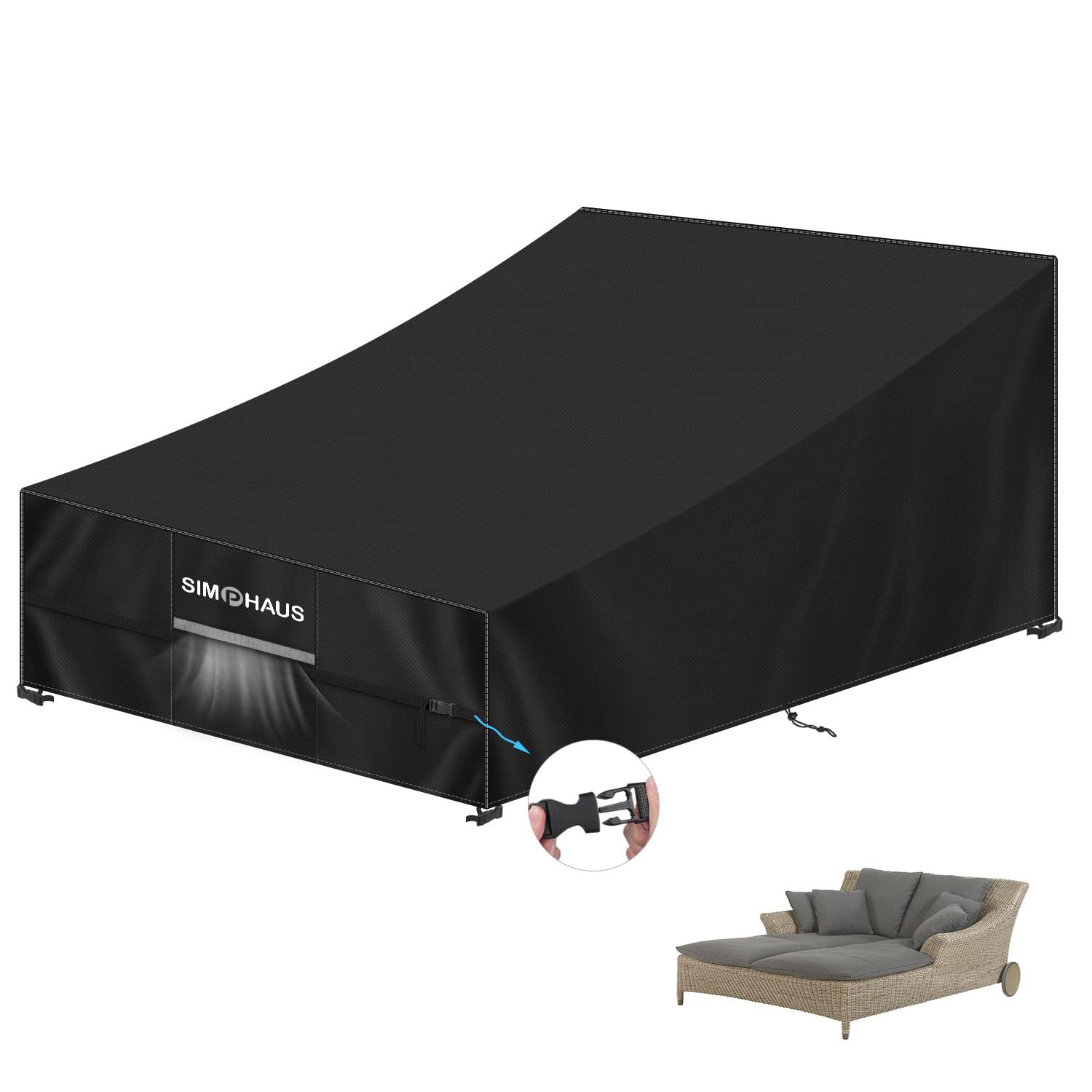 SIMPHAUS Sun Lounger Covers Large Garden Sunbed Covers Waterproof 420D Oxford Fabric Cover for Outdoor Sunlounger, Rattan Sun Bed, Black, Size 205x130x40/90cm