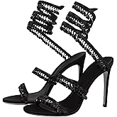 Fuazuzu Rhinestone Wrap Around Strappy Stiletto High Heels for Women, Open Round Toe Lace Up Heeled Sandals for Wedding Prom Party Dress