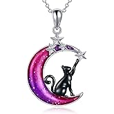 VONALA 925 Sterling Silver Moon Black Cat Necklace for Women - Tree of Life Jewelry with Abalone Stone - Cat Lover Birthday Gift