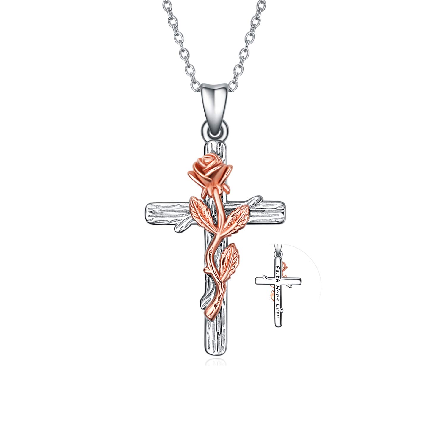 YFN Cross Necklace with Rose Flower Sterling Silver Pendant Necklace for Women Mom Wife Daughter
