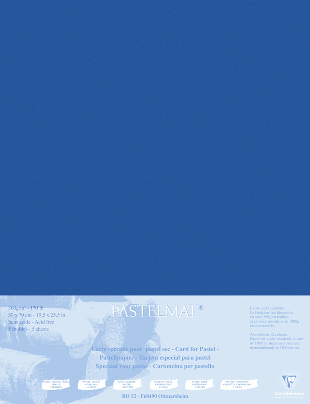Clairefontaine - Ref 496014C - Pastelmat Mounted Board (5 Sheets) - 1800 Microns - 50 x 70cm - Dark Blue Colour - Specially Formulated For Use With Pastels