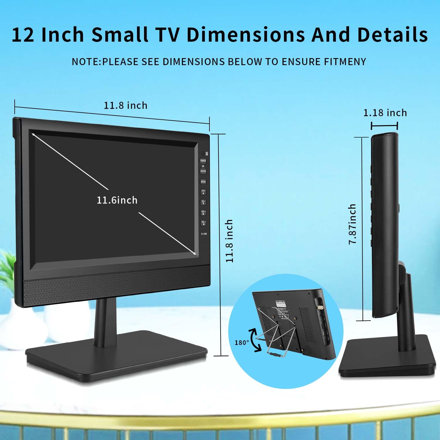 Feihe 12 Inch Small TV with HD Display, Antenna,HDMI,AV,USB Ports, Built-in Digital Tuner and Compact Design for Kitchen, RV, and Travel Use