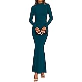 dowerme Spring Dresses for Women 2026 Formal Mock Neck Long Sleeve Ruched Knit Bodycon Mermaid Maxi Wedding Guest Dress
