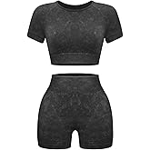 OLCHEE Womens Workout Sets 2 Piece - Seamless Acid Wash Yoga Outfits Shorts and Crop Top Matching Gym Athletic Clothing Set
