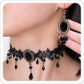 Todenb Goth Black Choker Earrings Set Witch Accessories for Women Black Lace Choker Vintage Velvet Necklace Costume Gothic Vampire Necklaces Halloween Jewelry
